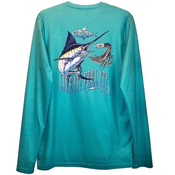 Fish & Vibe Long Sleeve Performance Fishing Shirt in Aqua Men’s Small - Picture 2 of 8